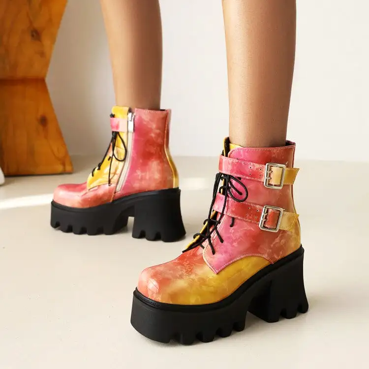 Women's Colorful Square Toe Lace Up Buckle Straps Side Zippers Block Chunky Heel Platform Short Boots