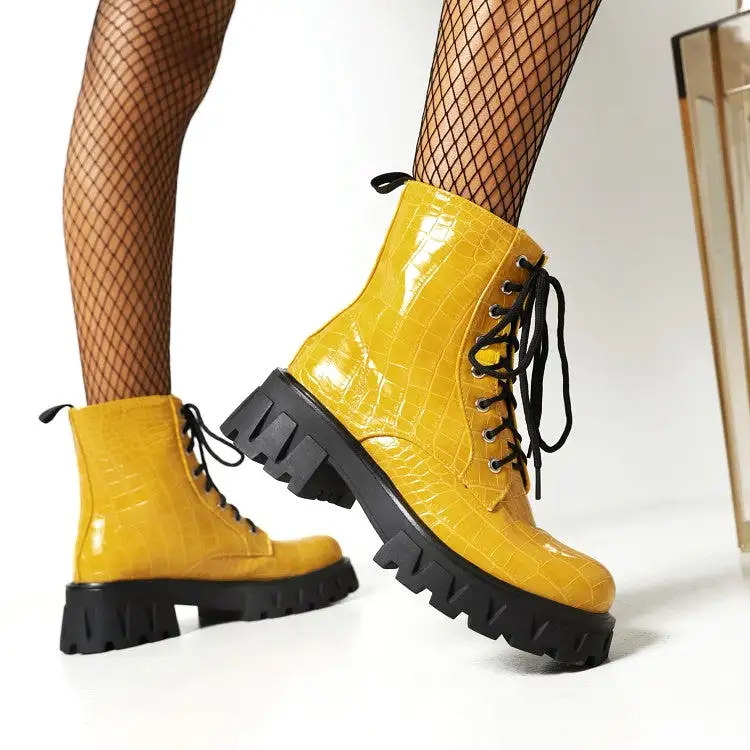 Women's Crocodile Pattern Glossy Square Toe Lace Up Short Boots