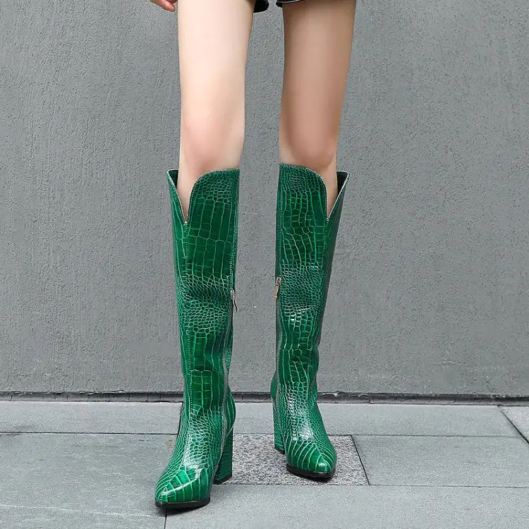 Women's Crocodile Pattern Pointed Toe Side Zippers Block Chunky Heel Knee High Boots