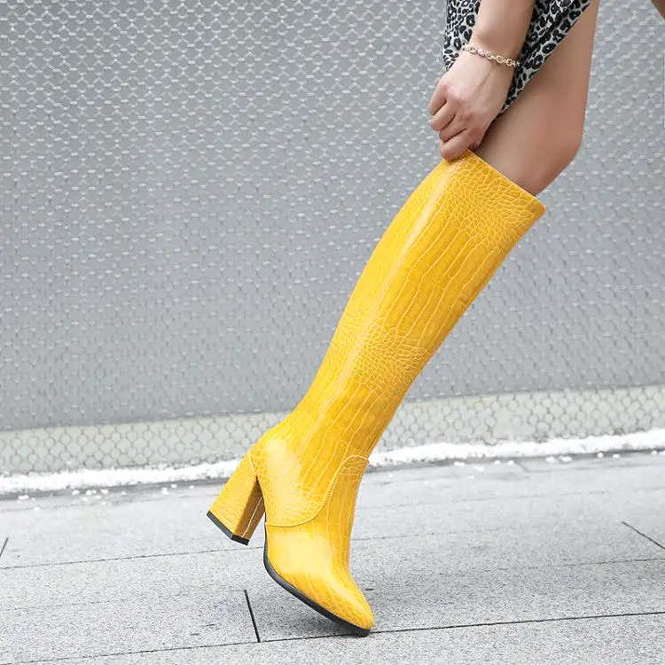 Women's Crocodile Pattern Pu Leather Pointed Toe Side Zippers Block Chunky Heel Knee High Boots