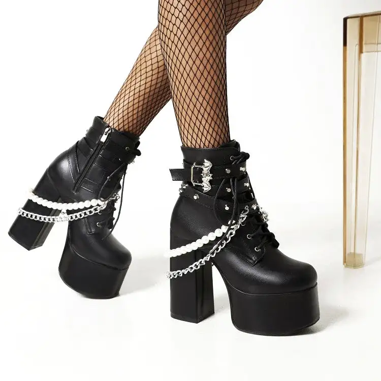 Women's Crocodile Pattern Pu Leather Sequins Side Zippers Lace Up Block Chunky Heel Platform Ankle Boots