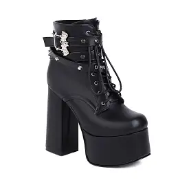 Women's Crocodile Pattern Pu Leather Sequins Side Zippers Lace Up Block Chunky Heel Platform Ankle Boots