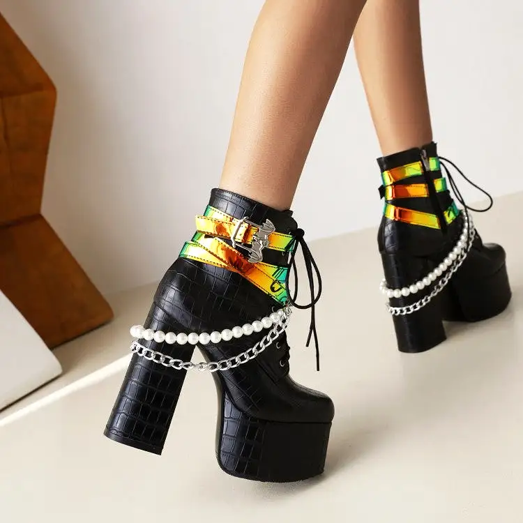 Women's Crocodile Pattern Pu Leather Sequins Side Zippers Lace Up Block Chunky Heel Platform Ankle Boots