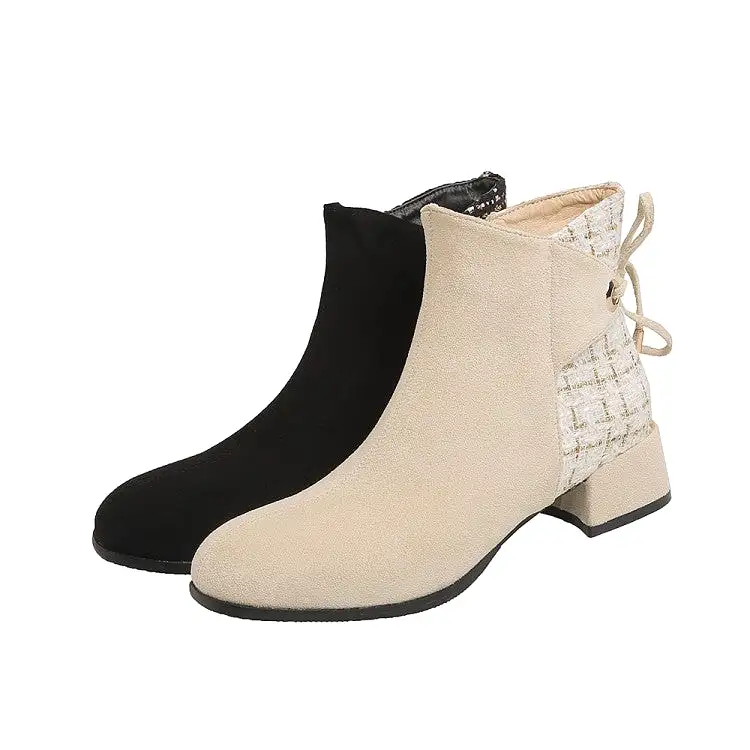 Women's Flock Lattice Round Toe Side Zippers Block Chunky Heel Short Boots