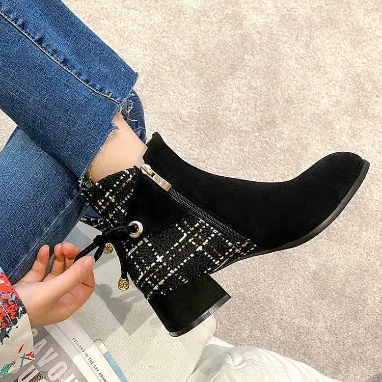 Women's Flock Lattice Round Toe Side Zippers Block Chunky Heel Short Boots