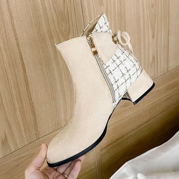 Women's Flock Lattice Round Toe Side Zippers Block Chunky Heel Short Boots