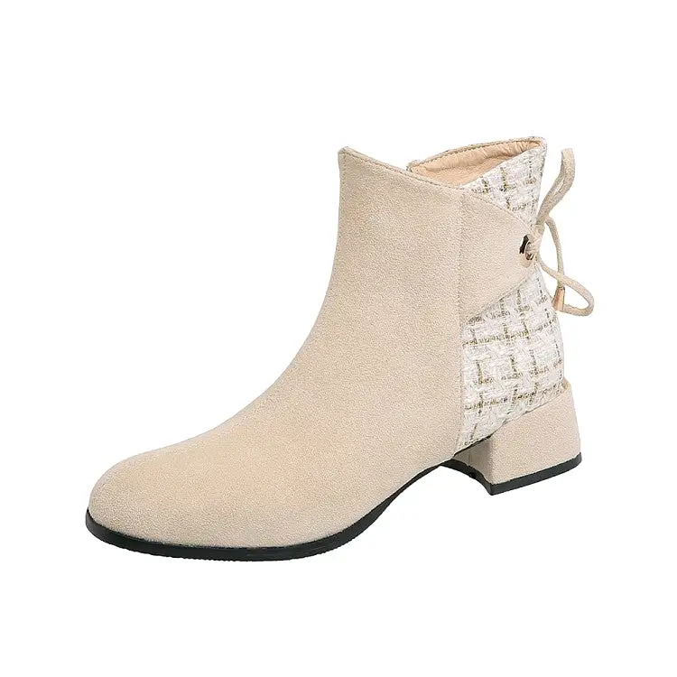 Women's Flock Lattice Round Toe Side Zippers Block Chunky Heel Short Boots