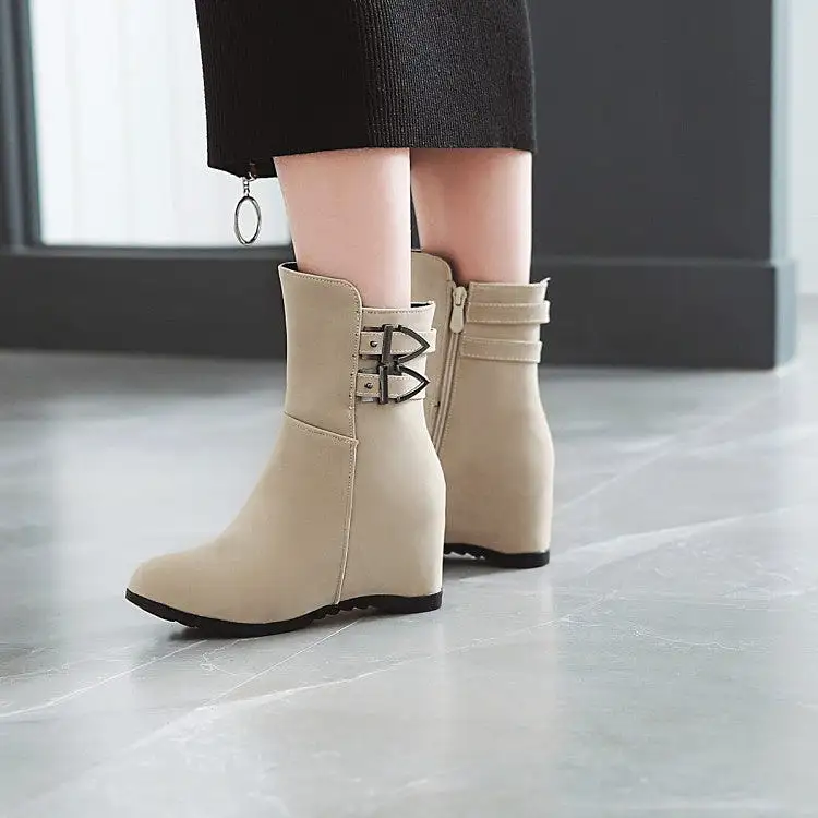 Women's Flock Round Toe Buckle Straps Wedge Heel Short Boots