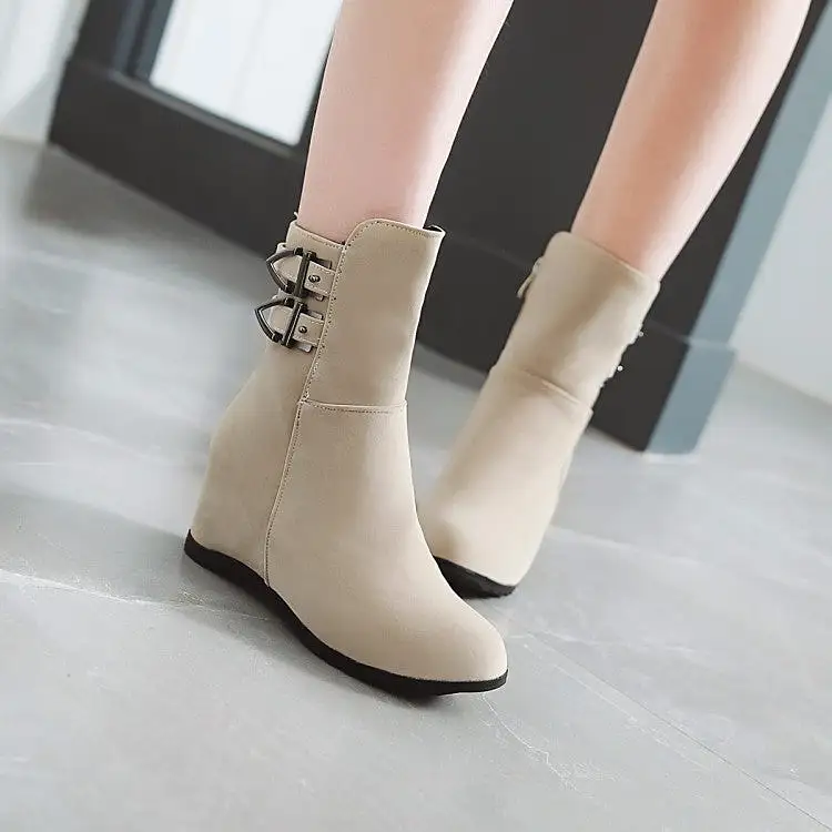 Women's Flock Round Toe Buckle Straps Wedge Heel Short Boots