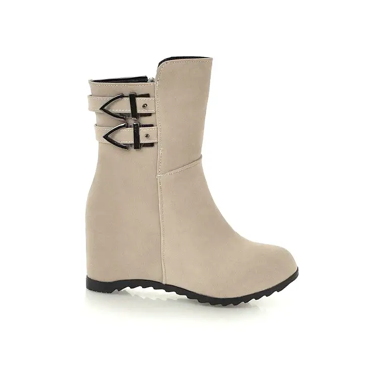 Women's Flock Round Toe Buckle Straps Wedge Heel Short Boots