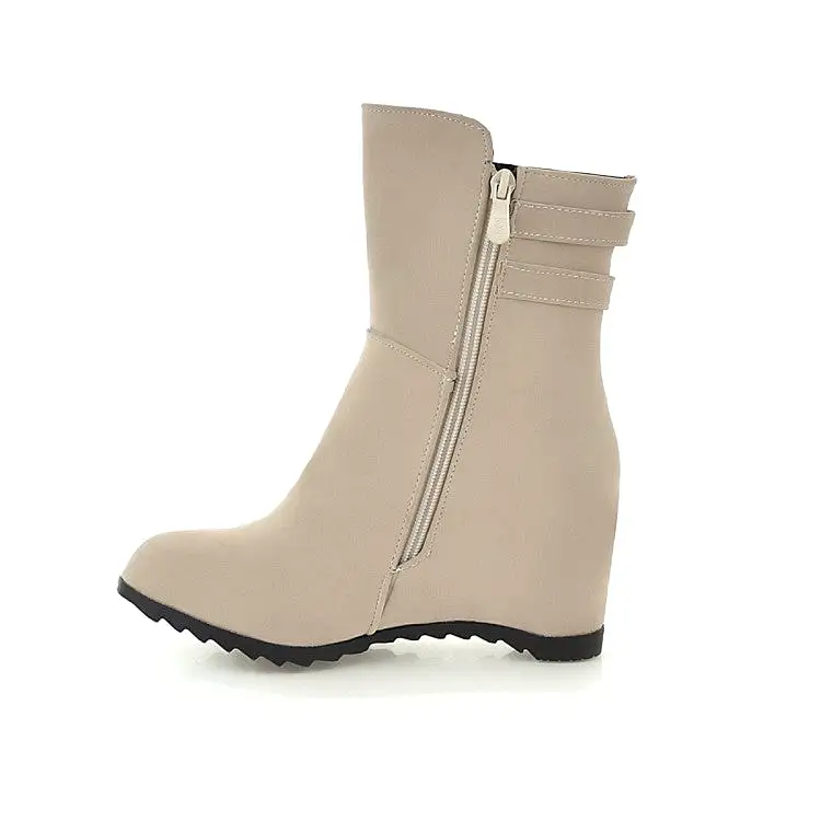 Women's Flock Round Toe Buckle Straps Wedge Heel Short Boots