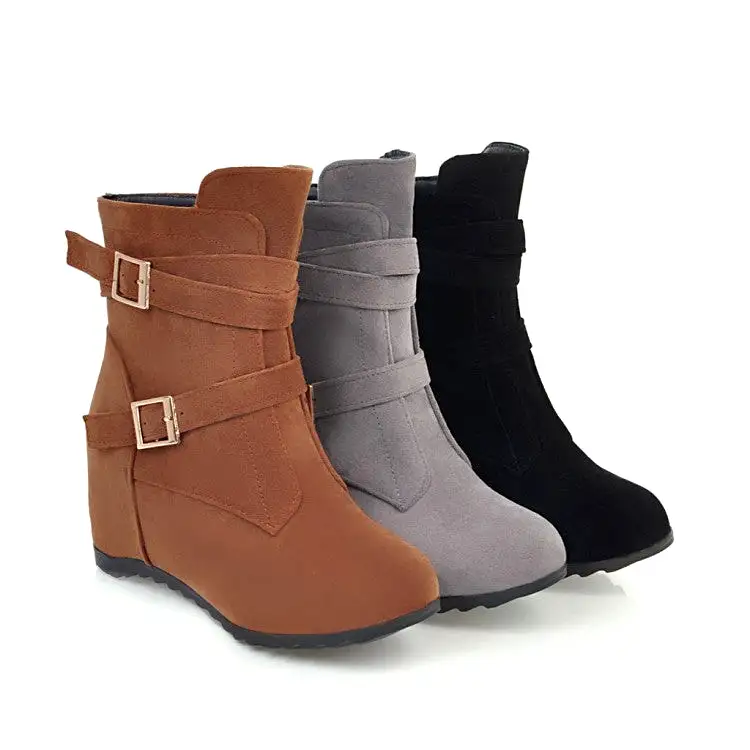 Women's Flock Round Toe Double Buckle Straps Side Zippers Wedge Heel Short Boots