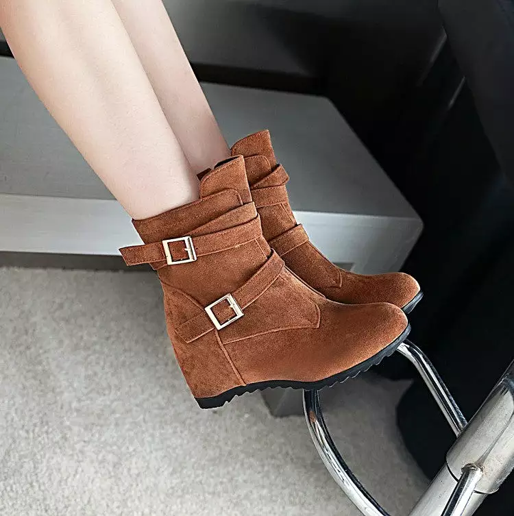 Women's Flock Round Toe Double Buckle Straps Side Zippers Wedge Heel Short Boots