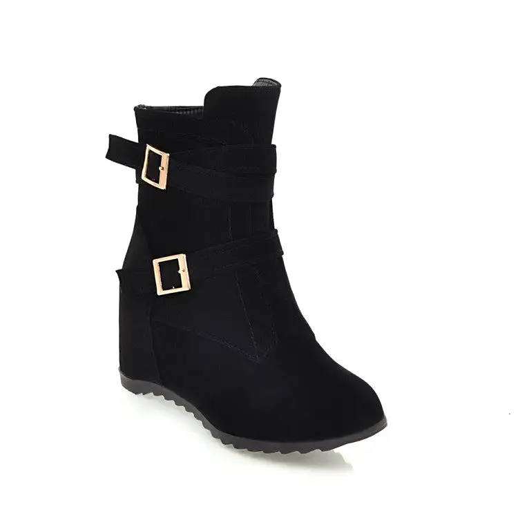 Women's Flock Round Toe Double Buckle Straps Side Zippers Wedge Heel Short Boots