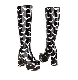 Women's Glossy Round Toe Block Chunky Heel Platform Knee High Boots