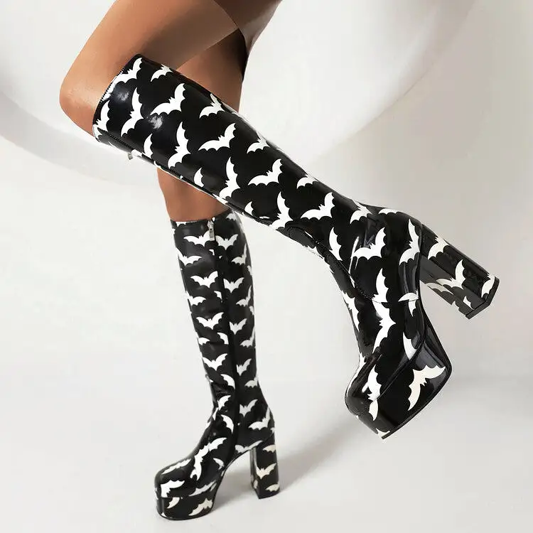 Women's Glossy Round Toe Block Chunky Heel Platform Knee High Boots