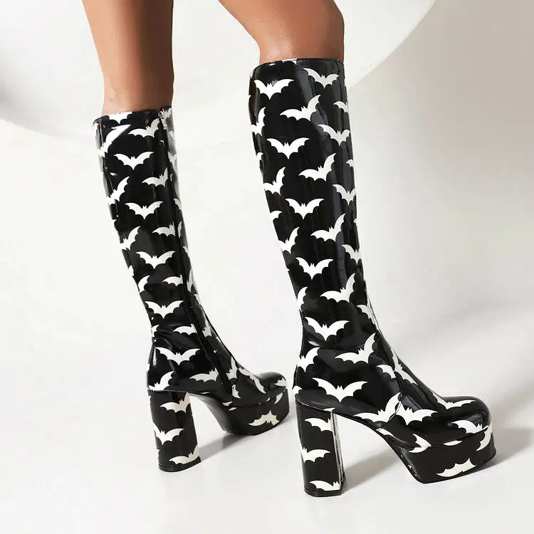 Women's Glossy Round Toe Block Chunky Heel Platform Knee High Boots