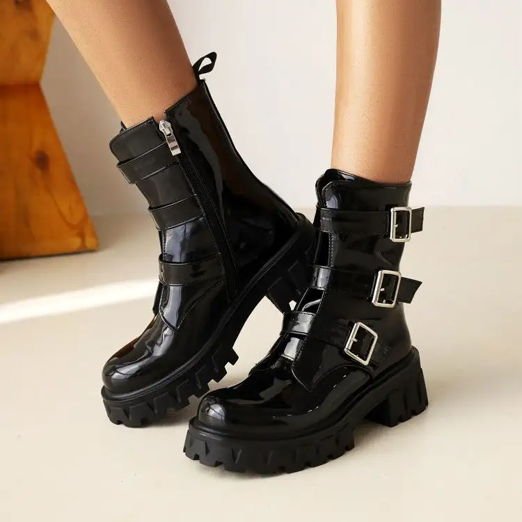 Women's Glossy Round Toe Buckle Straps Side Zippers Block Chunky Heel Platform Short Boots