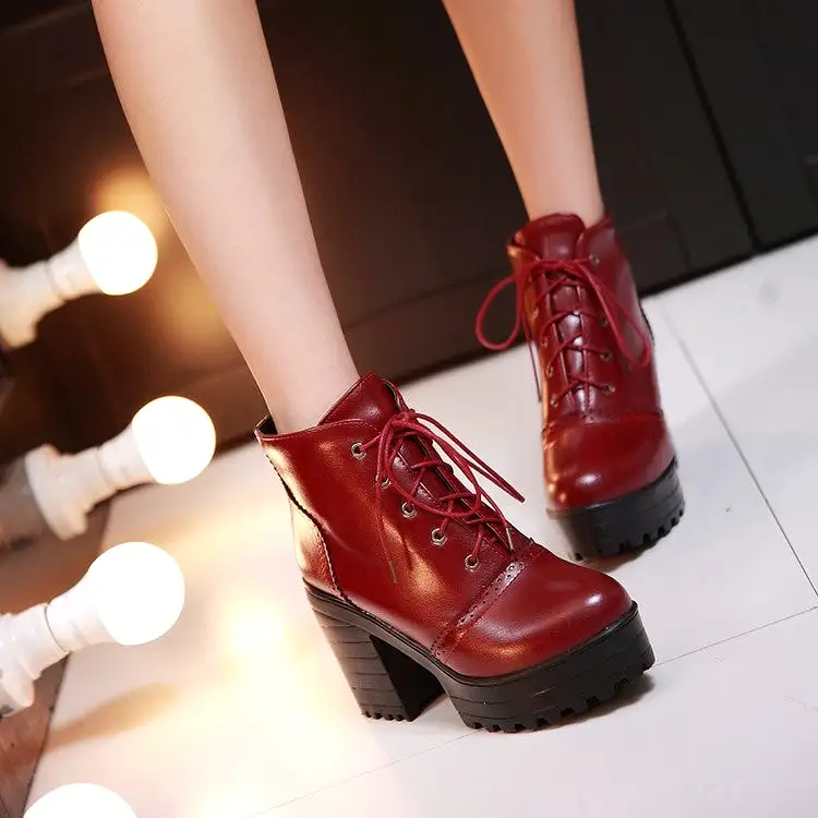 Women's Glossy Round Toe Lace Up Block Chunky Heel Stitch Platform Short Boots