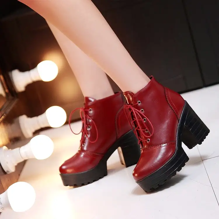 Women's Glossy Round Toe Lace Up Block Chunky Heel Stitch Platform Short Boots