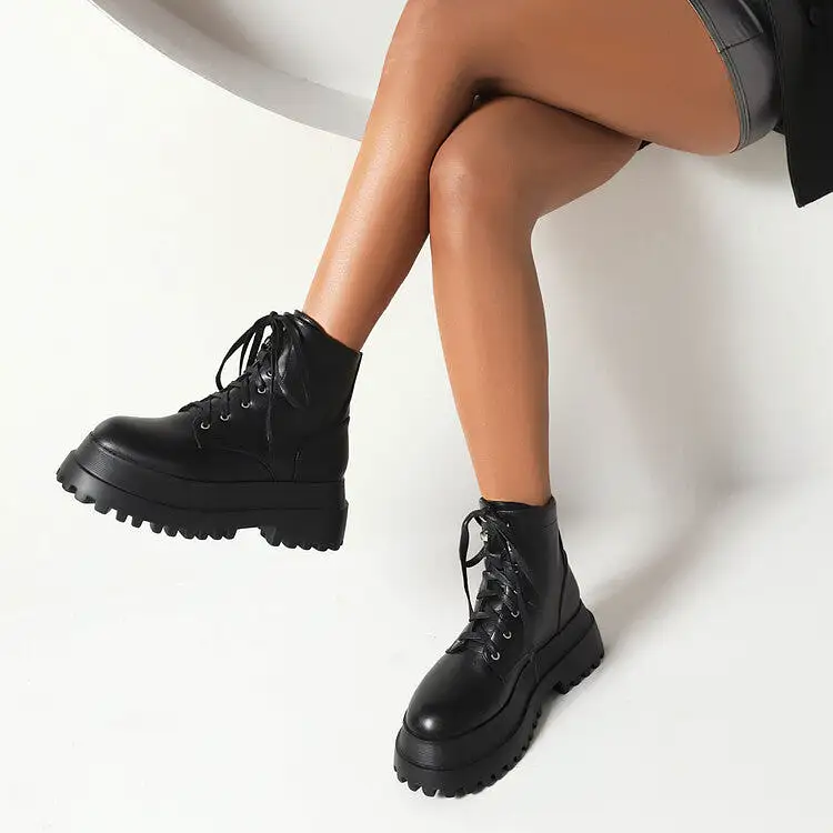 Women's Glossy Round Toe Lace Up Flat Platform Ankle Boots