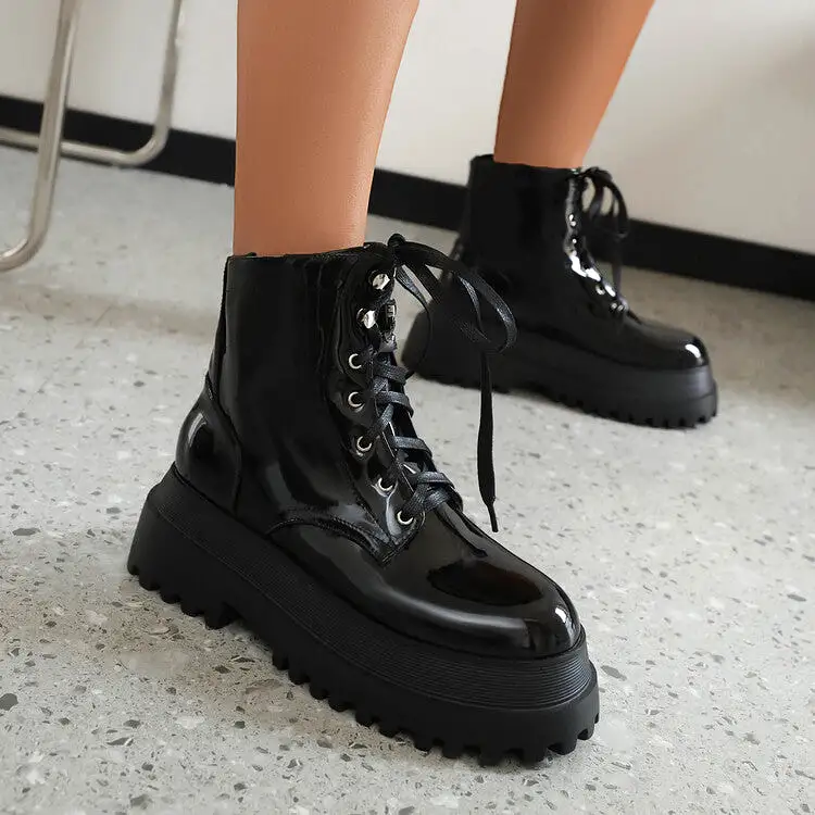 Women's Glossy Round Toe Lace Up Flat Platform Ankle Boots