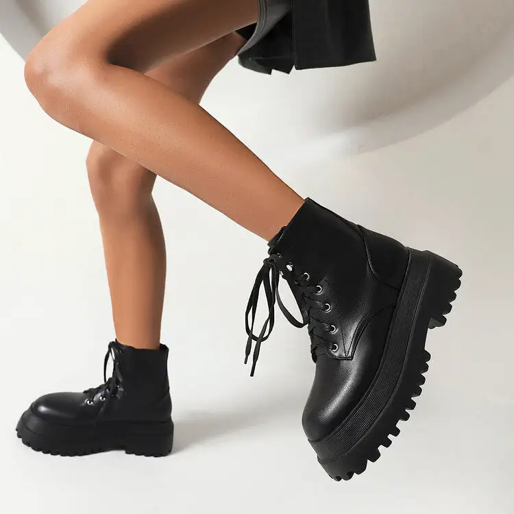 Women's Glossy Round Toe Lace Up Flat Platform Ankle Boots