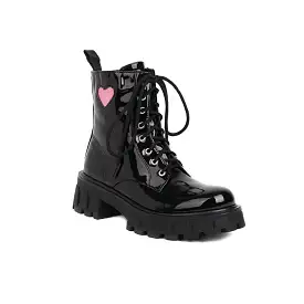 Women's Glossy Round Toe Lace Up Love Hearts Block Chunky Heel Platform Short Boots