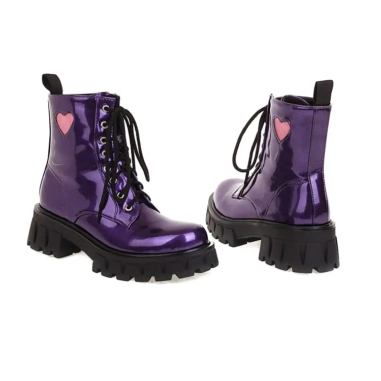 Women's Glossy Round Toe Lace Up Love Hearts Block Chunky Heel Platform Short Boots