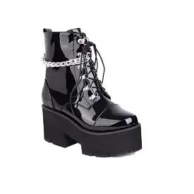 Women's Glossy Round Toe Lace Up Metal Chains Block Chunky Heel Platform Short Boots