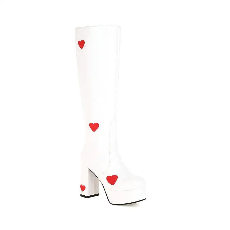 Women's Glossy Round Toe Love Hearts Side Zippers Block Chunky Heel Platform Knee High Boots