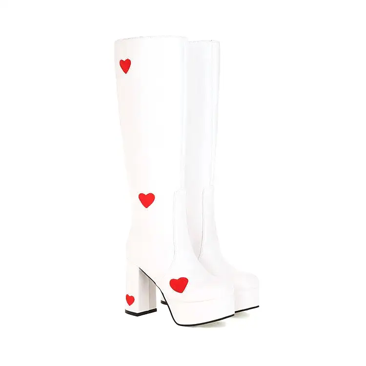 Women's Glossy Round Toe Love Hearts Side Zippers Block Chunky Heel Platform Knee High Boots