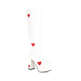 Women's Glossy Round Toe Love Hearts Side Zippers Block Chunky Heel Platform Knee High Boots