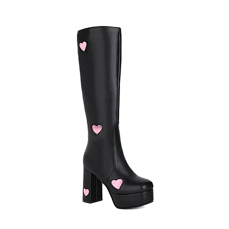 Women's Glossy Round Toe Love Hearts Side Zippers Block Chunky Heel Platform Knee High Boots