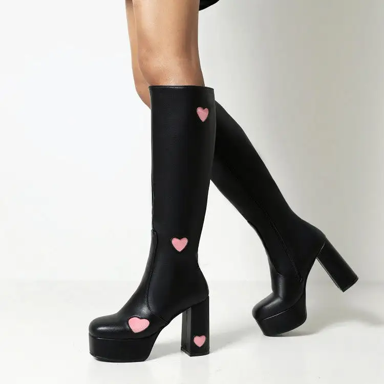 Women's Glossy Round Toe Love Hearts Side Zippers Block Chunky Heel Platform Knee High Boots