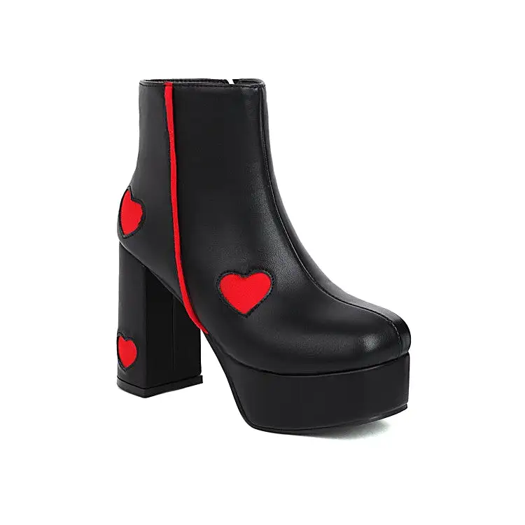 Women's Glossy Round Toe Love Hearts Side Zippers Block Chunky Heel Platform Short Boots