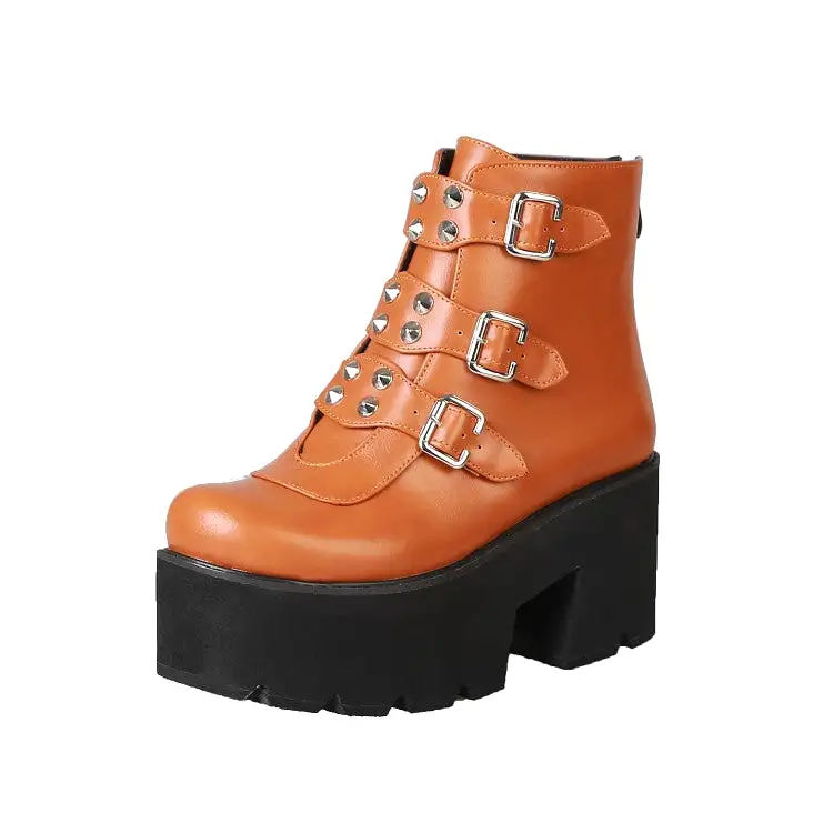 Women's Glossy Round Toe Metal Rivets Buckle Straps Wedge Heel Platform Ankle Boots