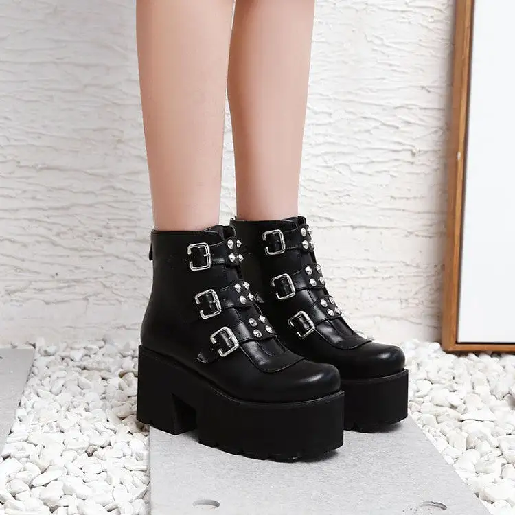 Women's Glossy Round Toe Metal Rivets Buckle Straps Wedge Heel Platform Ankle Boots