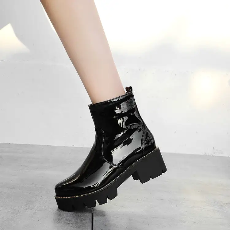 Women's Glossy Round Toe Side Zippers Block Chunky Heel Platform Short Boots