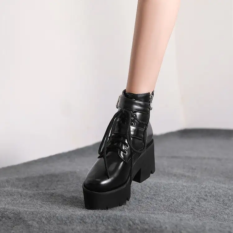 Women's Glossy Round Toe Side Zippers Buckle Straps Lace Up Block Chunky Heel Platform Short Boots