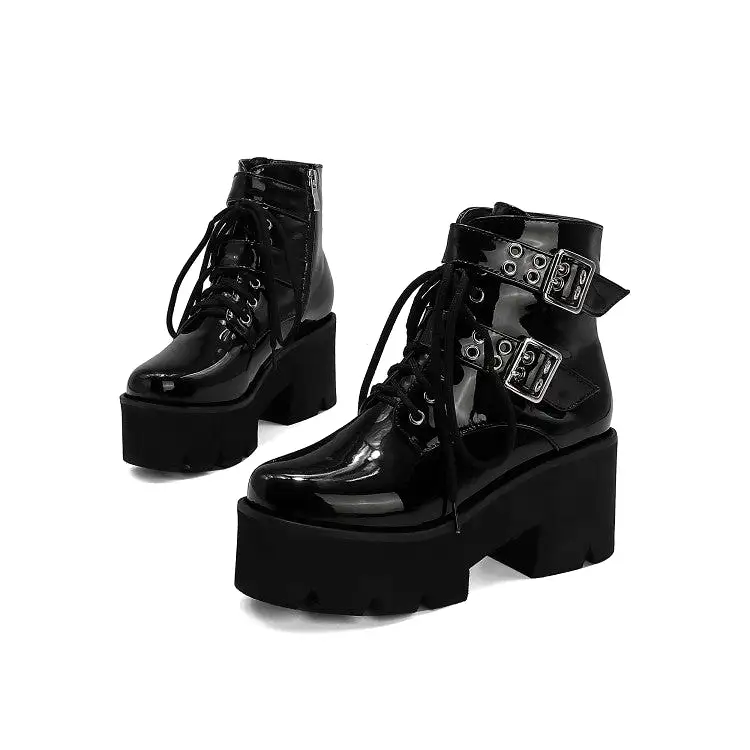 Women's Glossy Round Toe Side Zippers Buckle Straps Lace Up Block Chunky Heel Platform Short Boots