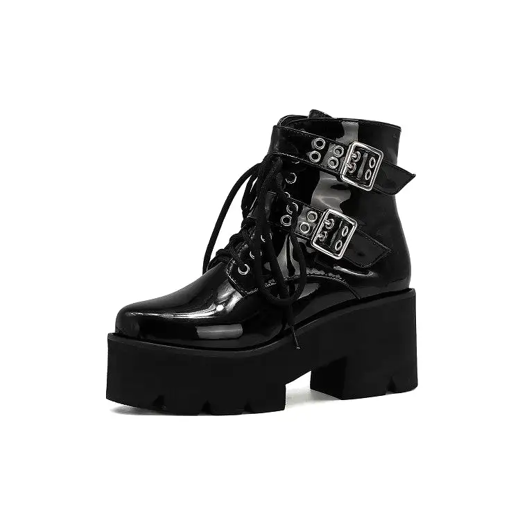 Women's Glossy Round Toe Side Zippers Buckle Straps Lace Up Block Chunky Heel Platform Short Boots