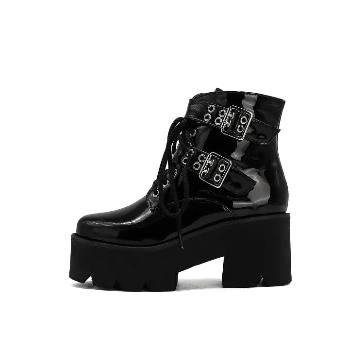 Women's Glossy Round Toe Side Zippers Buckle Straps Lace Up Block Chunky Heel Platform Short Boots