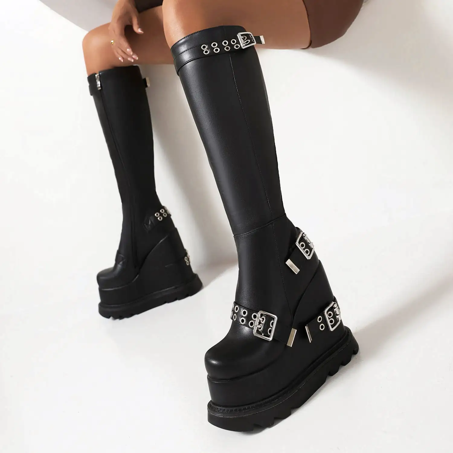 Women's Glossy Round Toe Side Zippers Metal Buckle Straps Wedge Heel Platform Knee High Boots