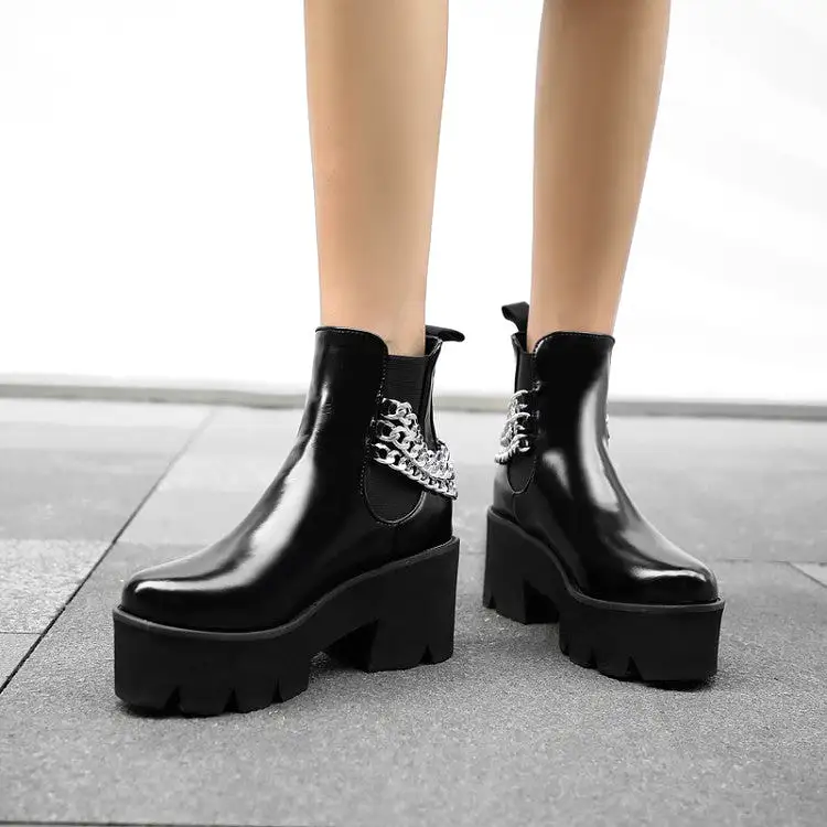 Women's Glossy Round Toe Stretch Metal Chains Block Chunky Heel Platform Short Boots