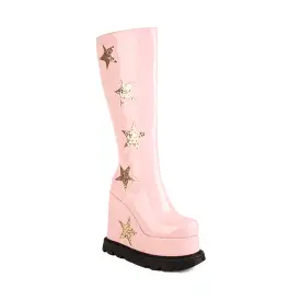 Women's Glossy Sequins Stars Side Zippers Round Toe Wedge Heel Platform Knee High Boots