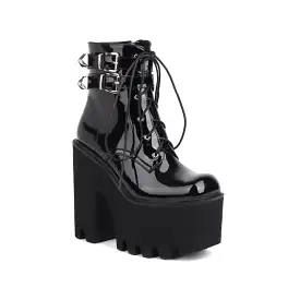 Women's Glossy Square Toe Lace Up Buckle Straps Block Chunky Heel Platform Ankle Boots