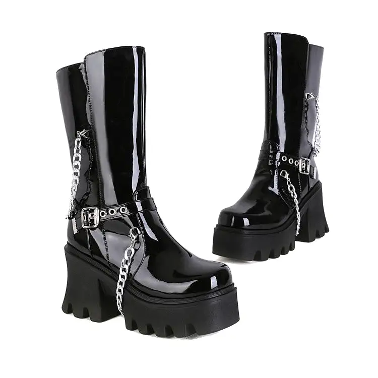 Women's Glossy Square Toe Metal Chains Buckle Straps Side Zippers Block Chunky Heel Platform Mid Calf Boots