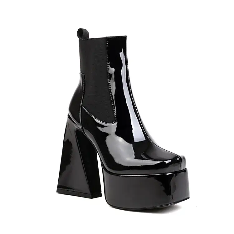 Women's Glossy Square Toe Stretch Block Chunky Heel Platform Ankle Boots