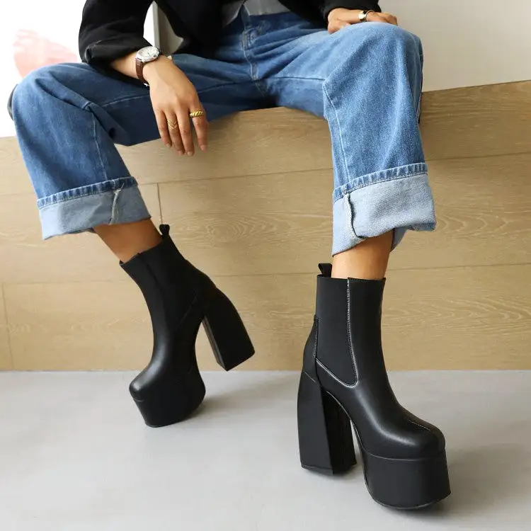 Women's Glossy Stretch Block Chunky Heel Platform Ankle Boots